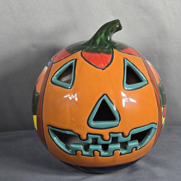 Blue Orange Pottery Talavera 9" Jack O Lantern Pumpkin Luminary Mexico Decor - Picture 2 of 10